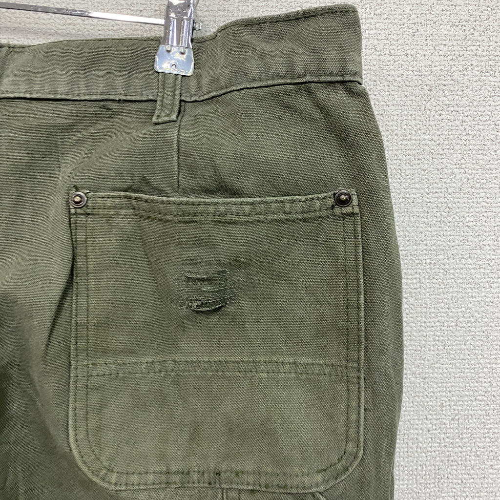 ノーブランド　ダブルニーペインターパンツ　ダックパンツ　ジップフライ　カーキ　古着