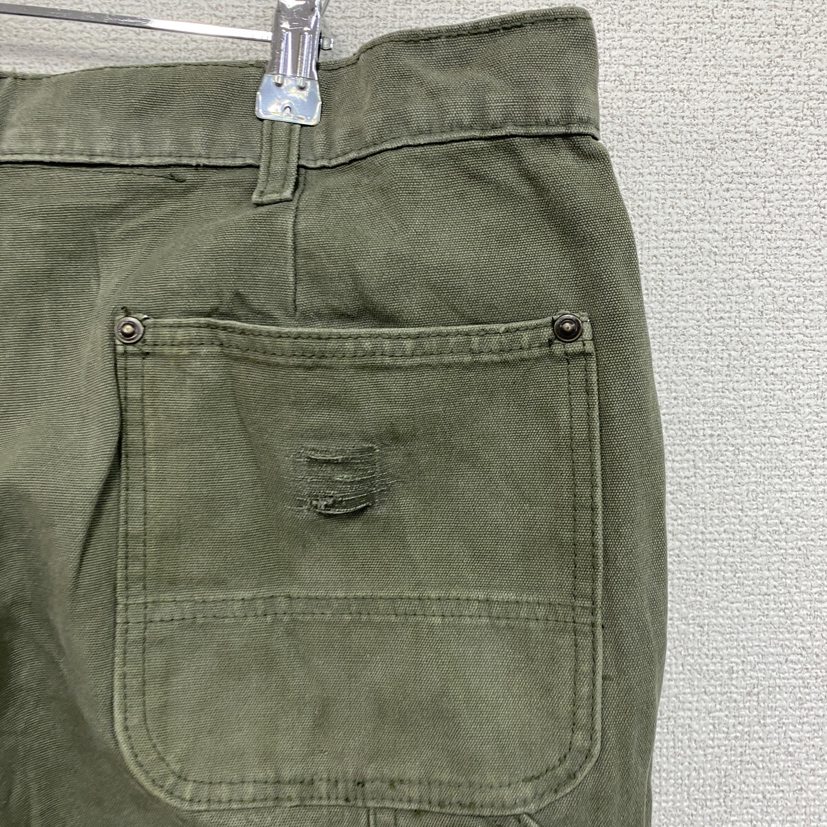ノーブランド　ダブルニーペインターパンツ　ダックパンツ　ジップフライ　カーキ　古着
