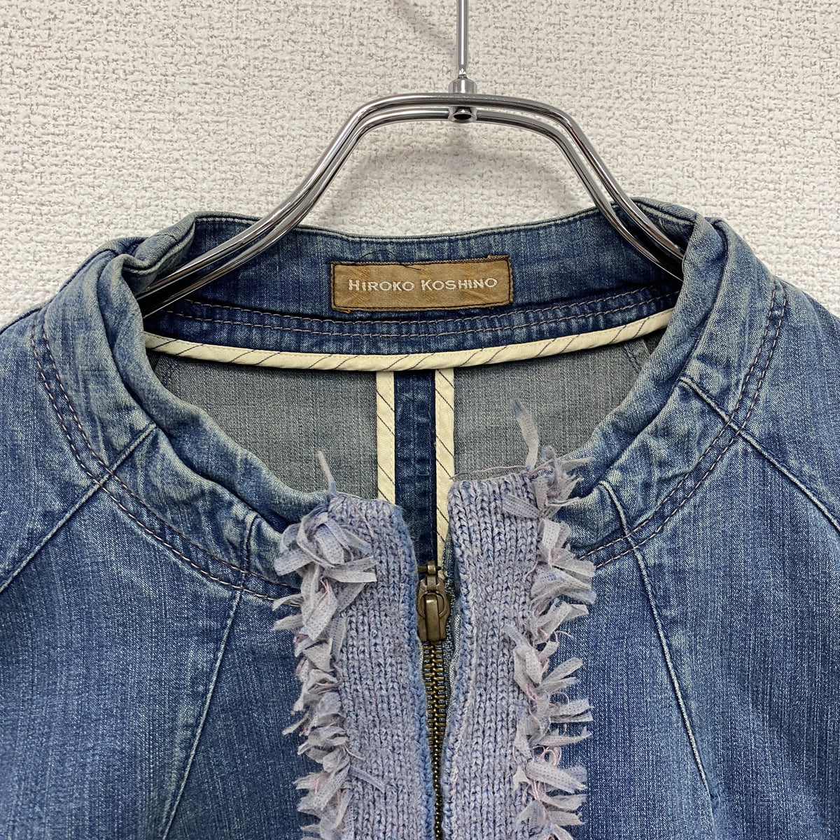HIROKO KOSHINO　ヒロココシノ　ノーカラーフルジップデニムジャケット/Gジャン　インディゴ　42サイズ　古着