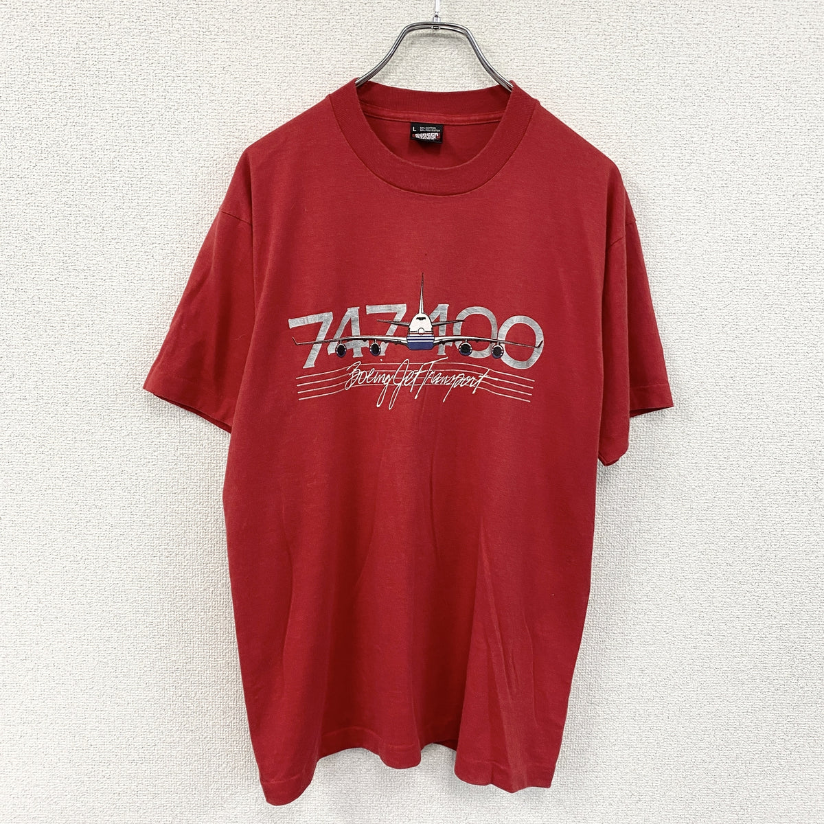 90s　Boeing Jet Transport　ボーイング747-400　半袖プリントTシャツ　USA製　シングルステッチ　ヴィンテージ　赤　レッド　Lサイズ　古着