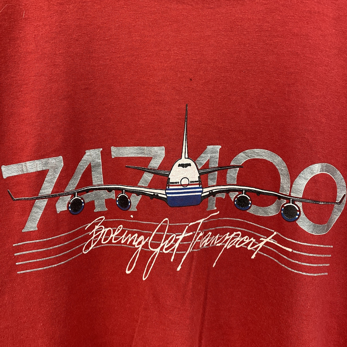 90s　Boeing Jet Transport　ボーイング747-400　半袖プリントTシャツ　USA製　シングルステッチ　ヴィンテージ　赤　レッド　Lサイズ　古着