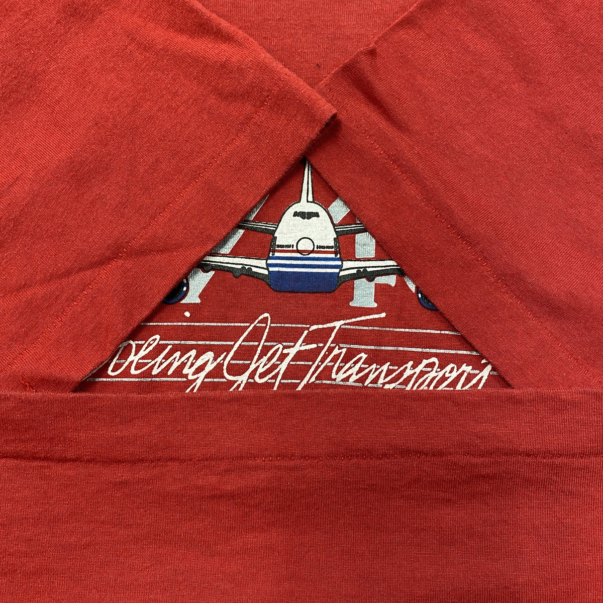 90s　Boeing Jet Transport　ボーイング747-400　半袖プリントTシャツ　USA製　シングルステッチ　ヴィンテージ　赤　レッド　Lサイズ　古着