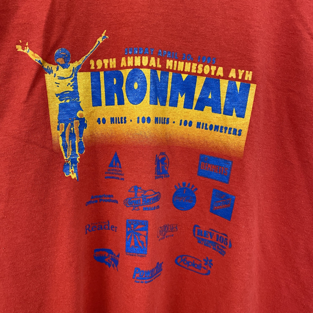 90s　IRONMAN　TRIATHLON　アイアンマン　トライアスロン　半袖プリントTシャツ　USA製　シングルステッチ　ヴィンテージ　赤　レッド　Lサイズ　古着