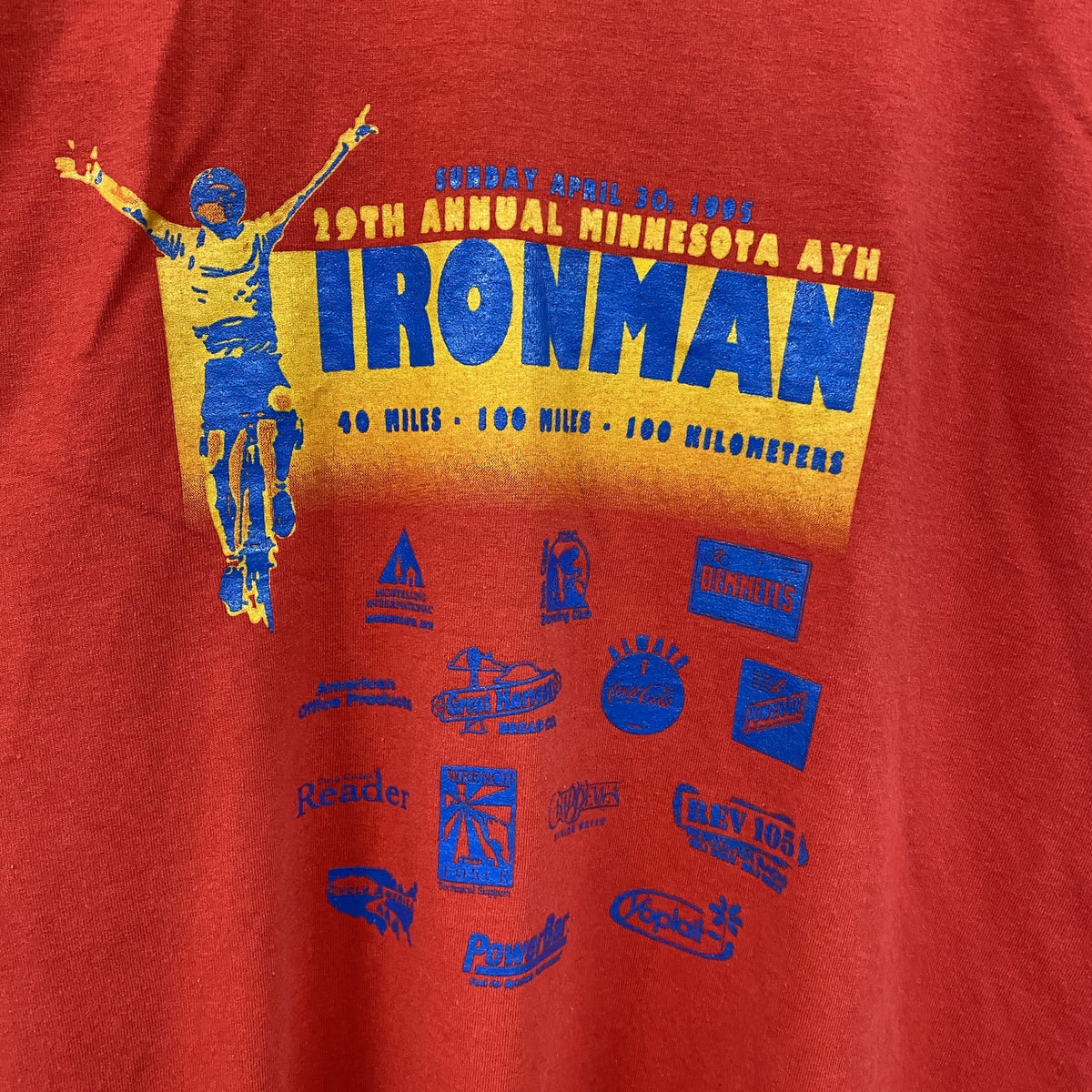 90s　IRONMAN　TRIATHLON　アイアンマン　トライアスロン　半袖プリントTシャツ　USA製　シングルステッチ　ヴィンテージ　赤　レッド　Lサイズ　古着