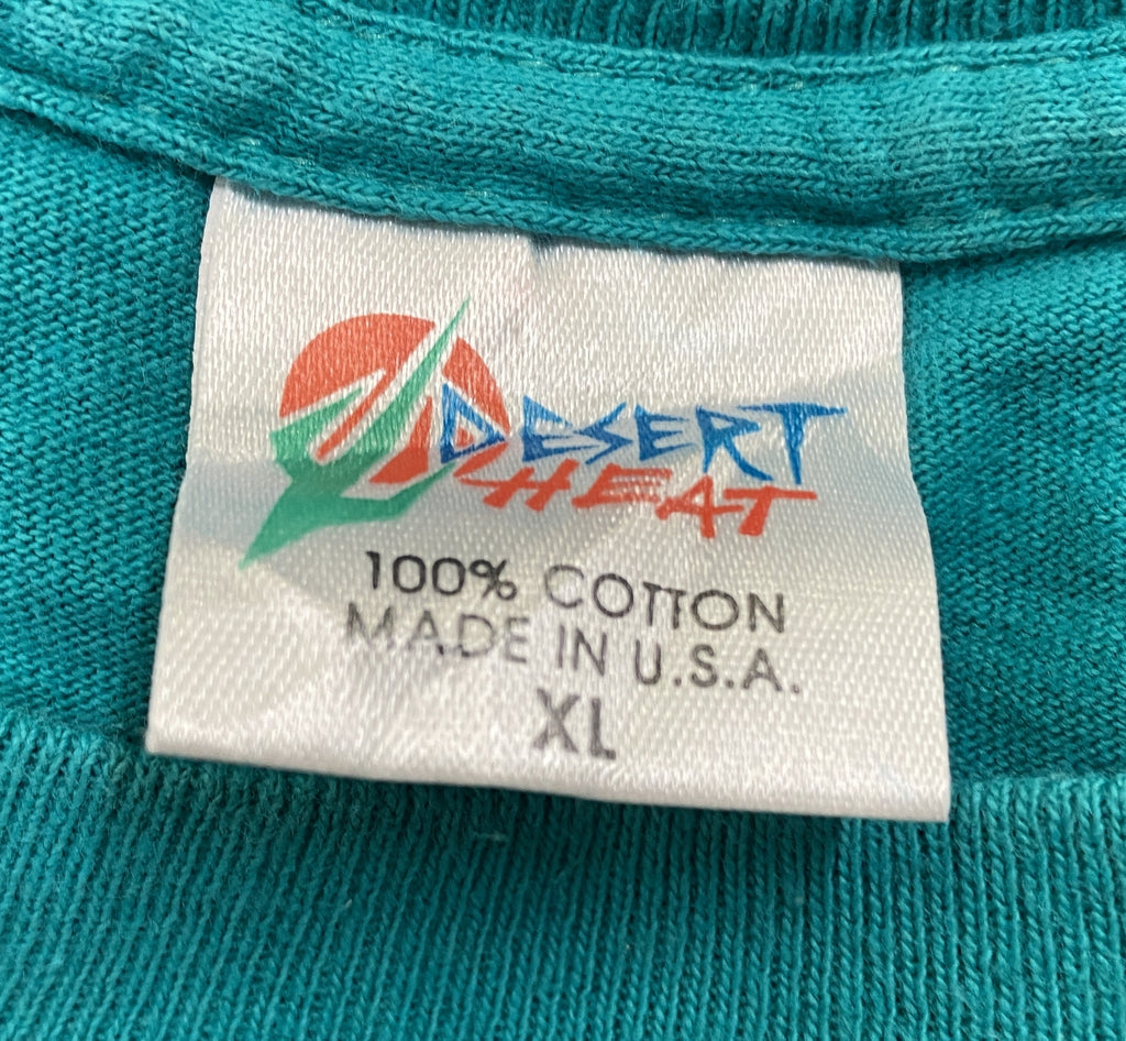 90s　DESERT HEAT　デザートヒート　osmonds　半袖プリントTシャツ　USA製　シングルステッチ　ヴィンテージ　青　ブルー　ターコイズブルー　XLサイズ　古着