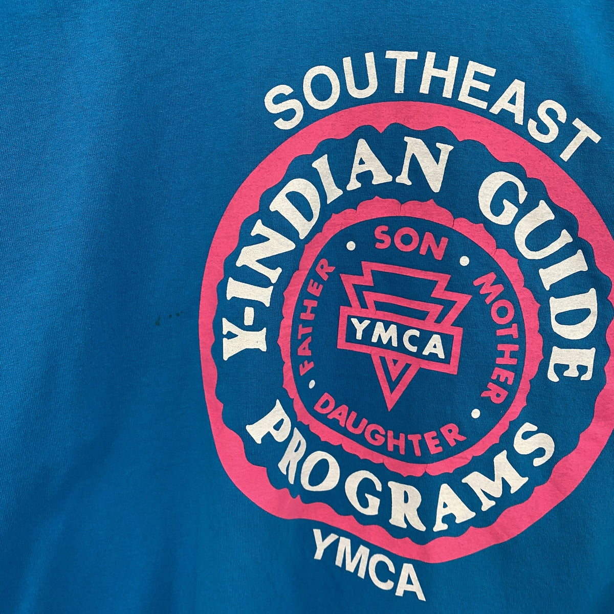 90s　YMCA　Indian Guide Programs　インディアンガイドプログラム　半袖プリントTシャツ　USA製　シングルステッチ　ヴィンテージ　青　ブルー　Lサイズ　古着