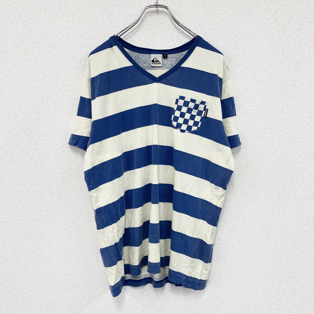 QuikSilver　クイックシルバー　半袖Tシャツ　Vネック　ボーダー　青　ブルー　ベージュ　Lサイズ　古着