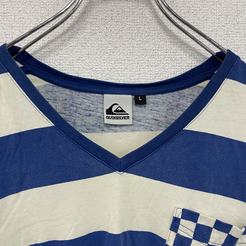 QuikSilver　クイックシルバー　半袖Tシャツ　Vネック　ボーダー　青　ブルー　ベージュ　Lサイズ　古着