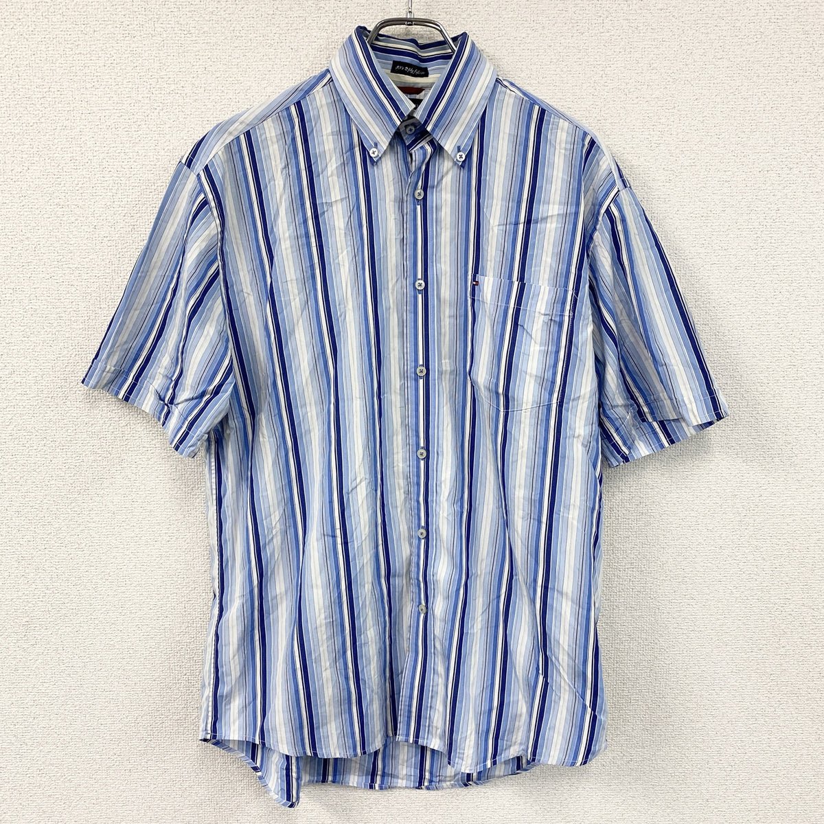 TOMMY HILFIGER　トミーヒルフィガー　半袖ボタンダウンシャツ　ストライプ　マルチカラー　青　ブルー　Mサイズ　古着