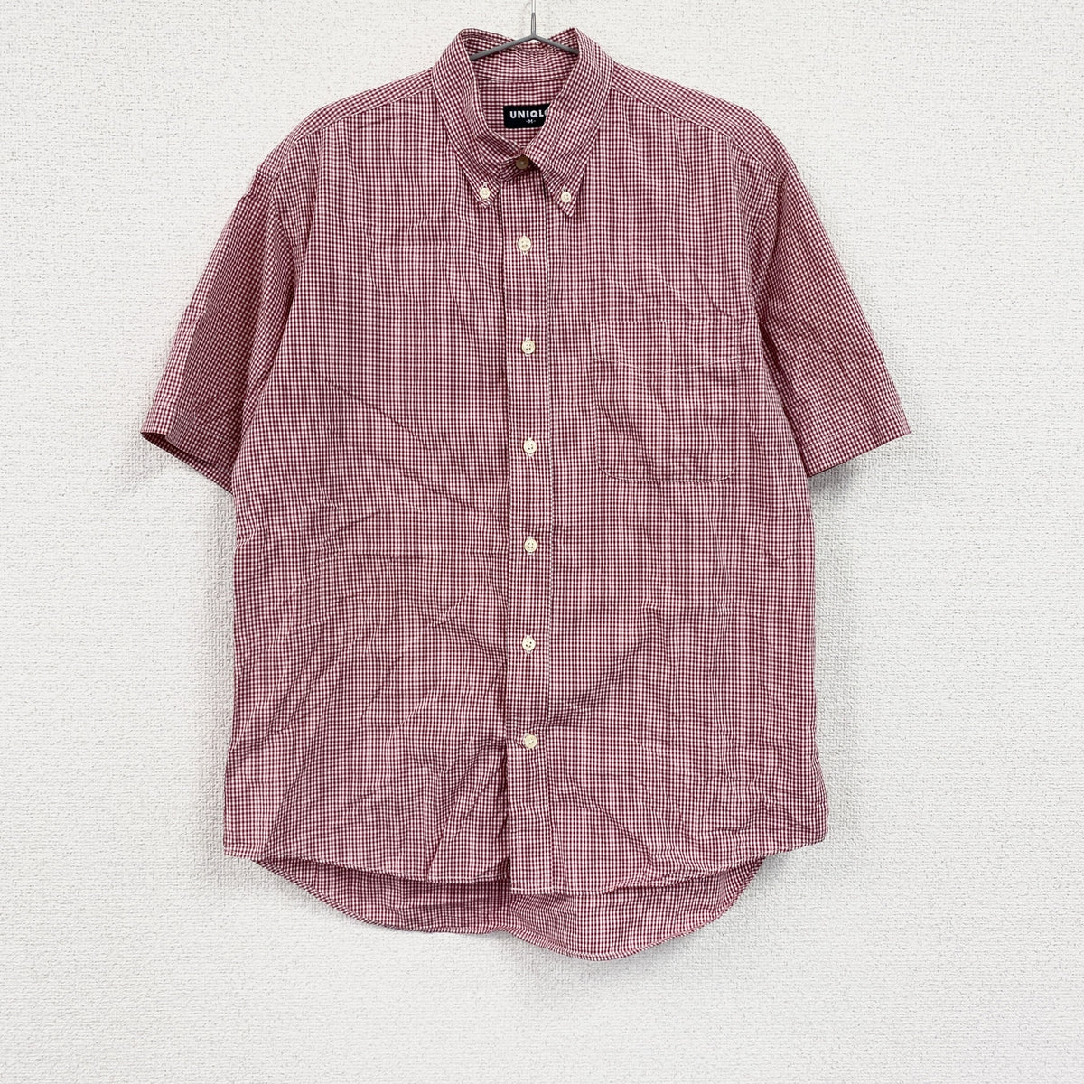 ～00s　OLD UNIQLO　オールドユニクロ　半袖ボタンダウンシャツ　ヴィンテージ　チェック柄　赤　レッド　Mサイズ　古着
