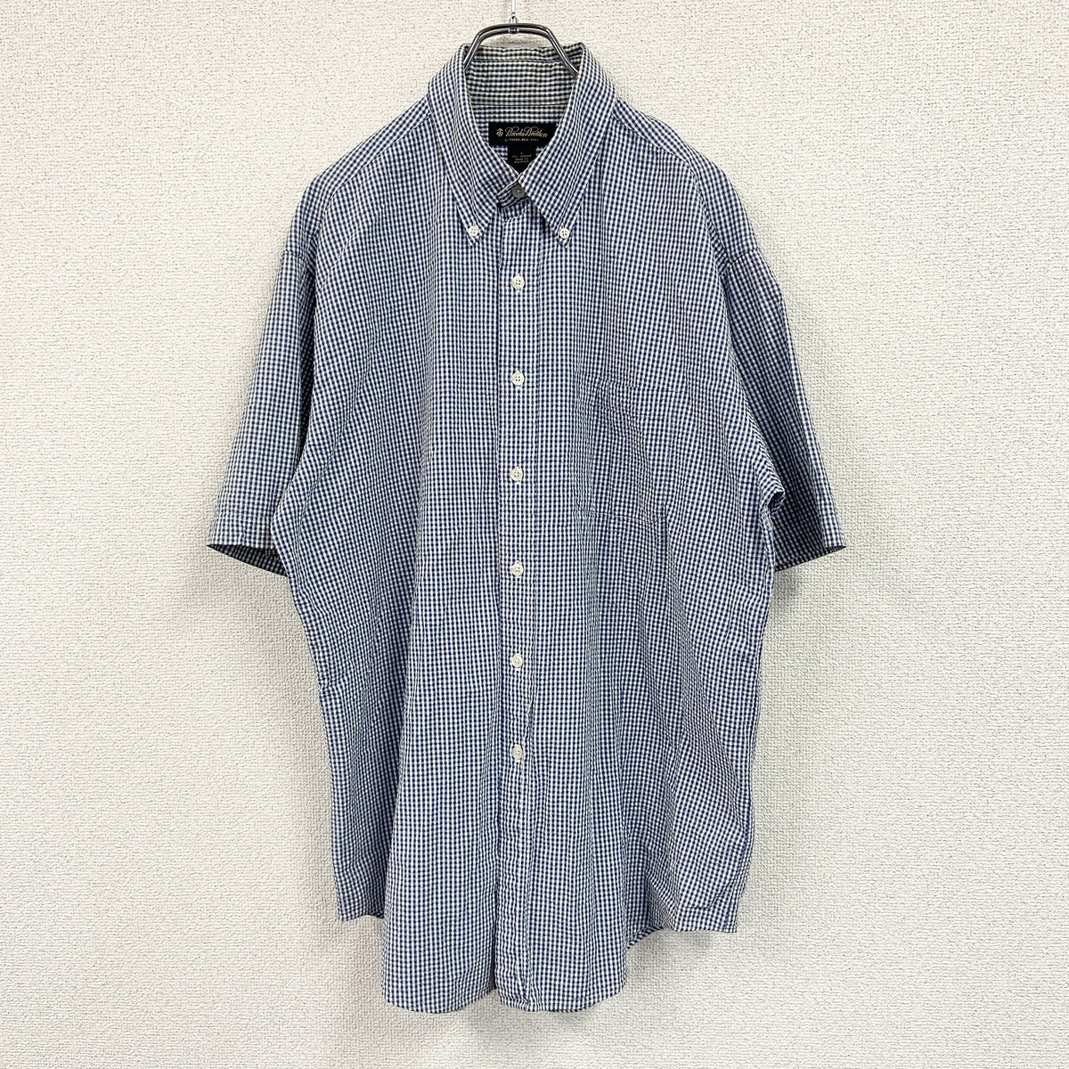 Brooks Brothers　ブルックスブラザーズ　半袖シャツ　ギンガムチェック　柄シャツ　総柄　バイカラー　青　ブルー　白　ホワイト　Lサイズ　古着