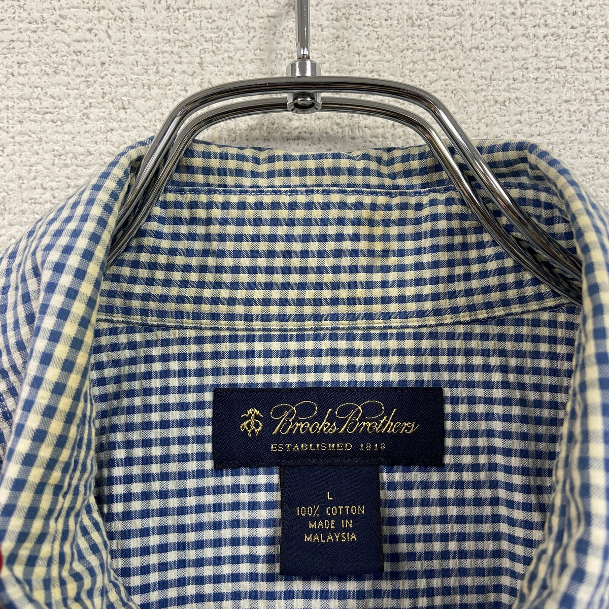 Brooks Brothers　ブルックスブラザーズ　半袖シャツ　ギンガムチェック　柄シャツ　総柄　バイカラー　青　ブルー　白　ホワイト　Lサイズ　古着