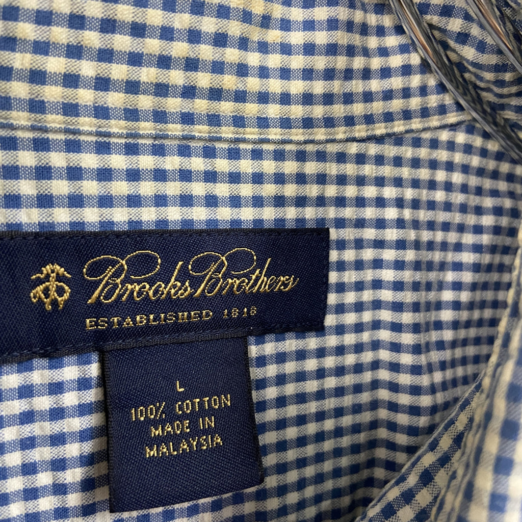Brooks Brothers　ブルックスブラザーズ　半袖シャツ　ギンガムチェック　柄シャツ　総柄　バイカラー　青　ブルー　白　ホワイト　Lサイズ　古着