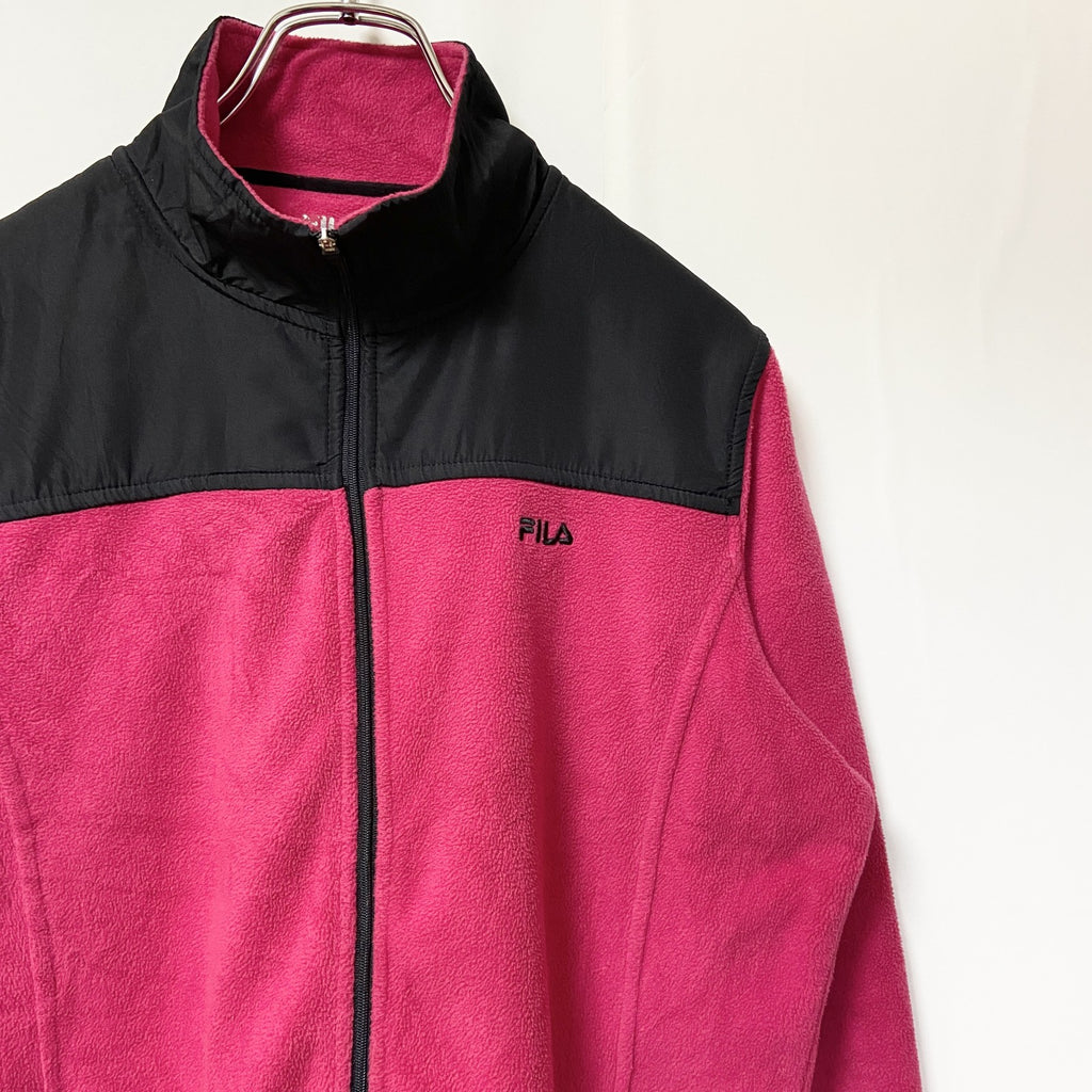 FILA 　フィラ　フリースジャケット/ボアジャケット　刺繍ロゴ　ワンポイント　ピンク　黒　ブラック　Lサイズ　古着