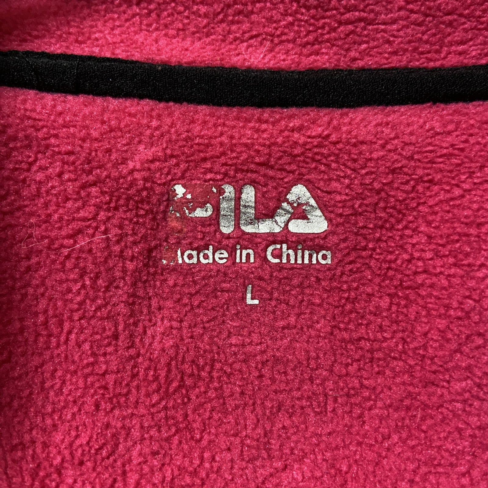 FILA 　フィラ　フリースジャケット/ボアジャケット　刺繍ロゴ　ワンポイント　ピンク　黒　ブラック　Lサイズ　古着