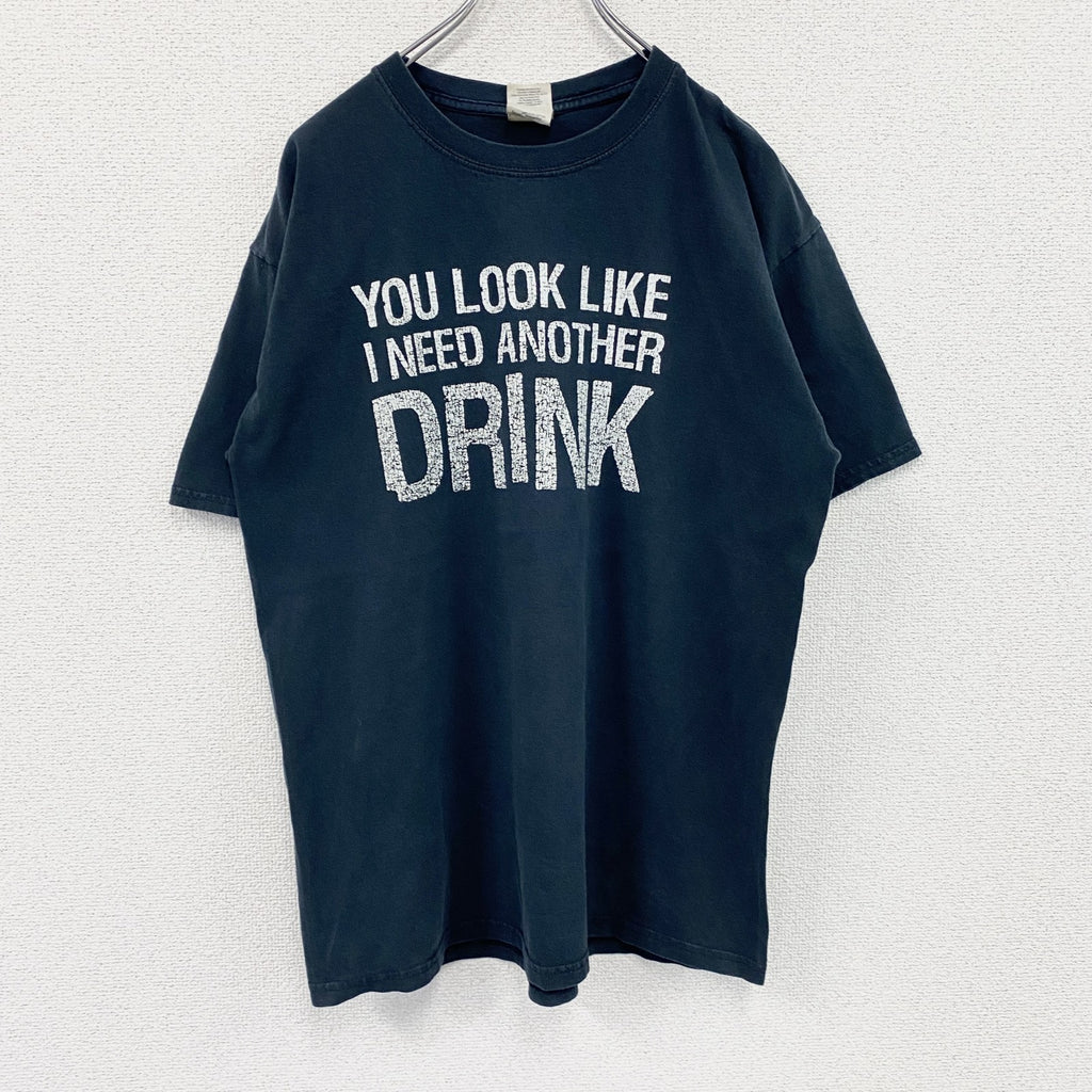 GILDAN　ギルダン　半袖プリントメッセージTシャツ　3連プリント　英字プリント　黒　ブラック　Lサイズ　古着