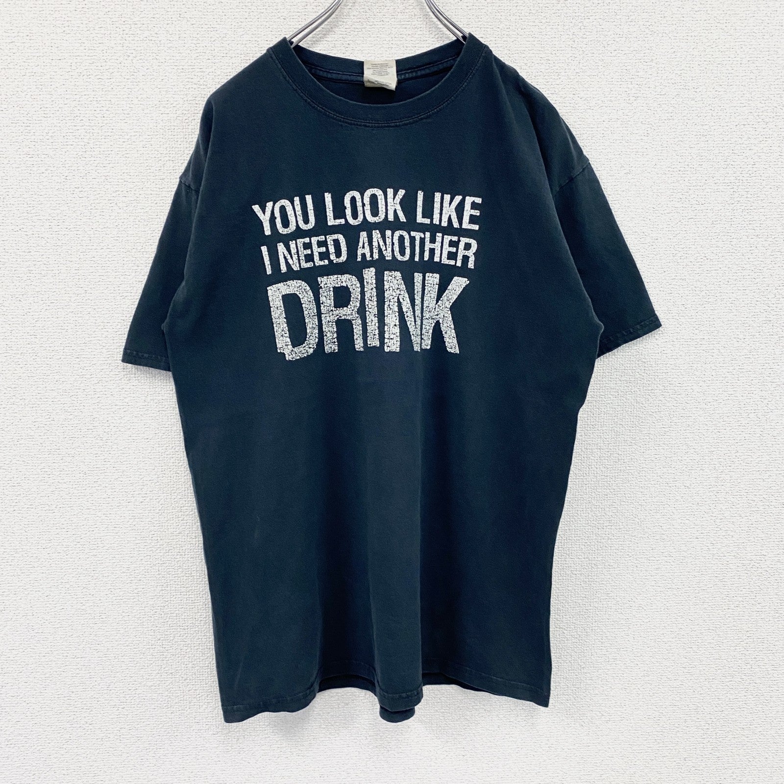 GILDAN　ギルダン　半袖プリントメッセージTシャツ　3連プリント　英字プリント　黒　ブラック　Lサイズ　古着