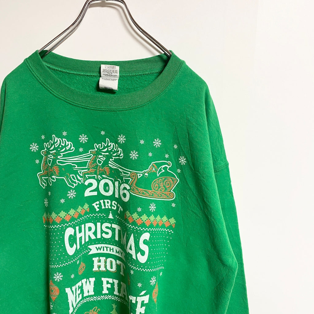 GILDAN　長袖プリントスウェット　トレーナー　クルーネック　クリスマス　トナカイ　緑　グリーン　秋冬服　Lサイズ　古着