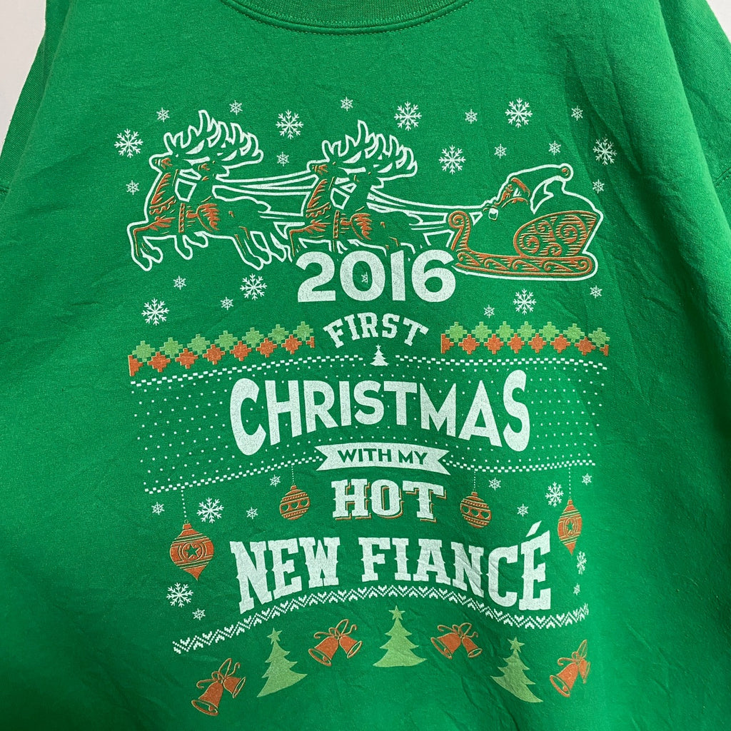 GILDAN　長袖プリントスウェット　トレーナー　クルーネック　クリスマス　トナカイ　緑　グリーン　秋冬服　Lサイズ　古着