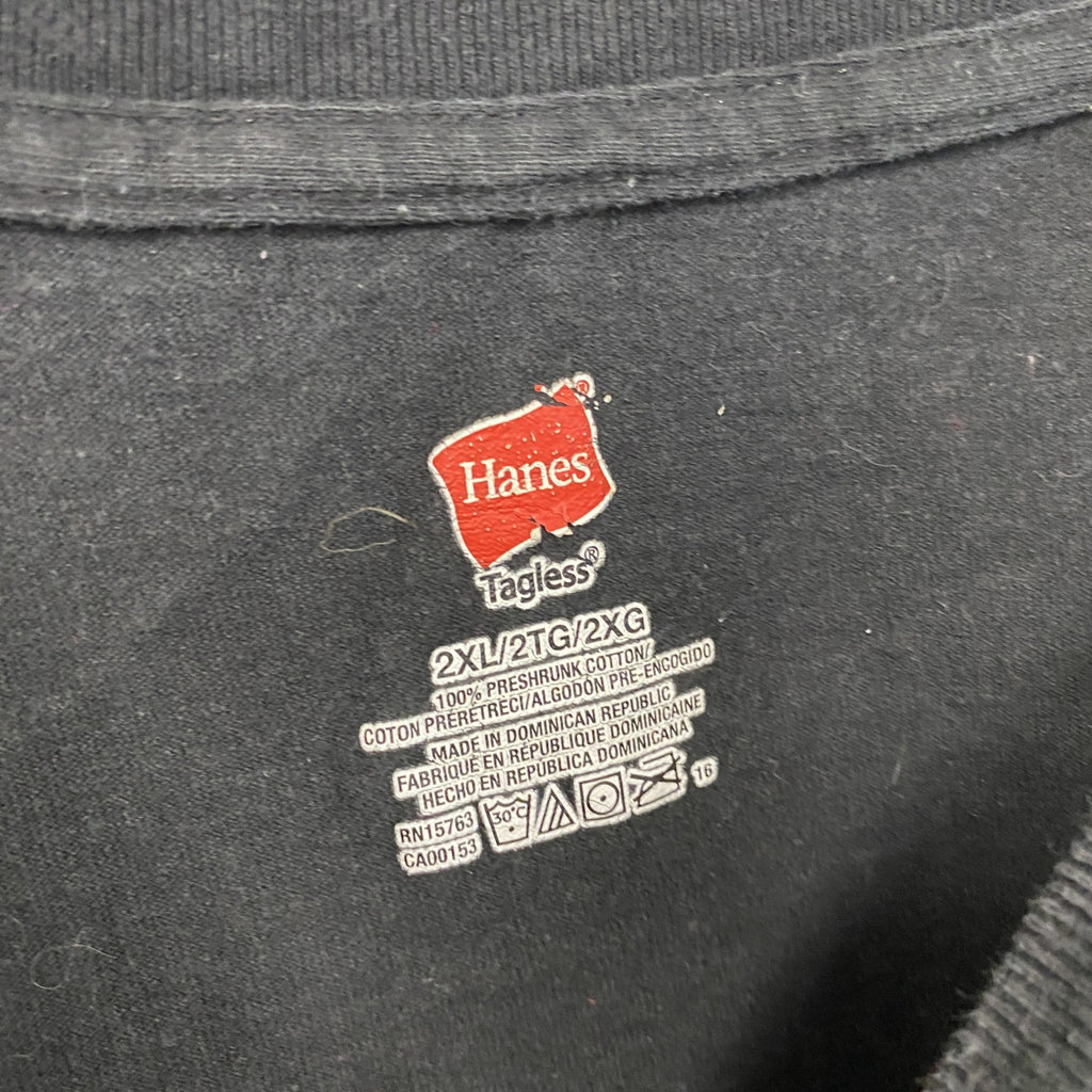 Hanes　ヘインズ　半袖プリントTシャツ　両面プリント　企業ロゴ　クルーネック　黒　ブラック　2XLサイズ　古着