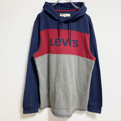 古着 used　LEVIS　リーバイス　長袖プリント切り替えパーカー　スウェットプルオーバー　ネイビー　赤　グレー　XLサイズ