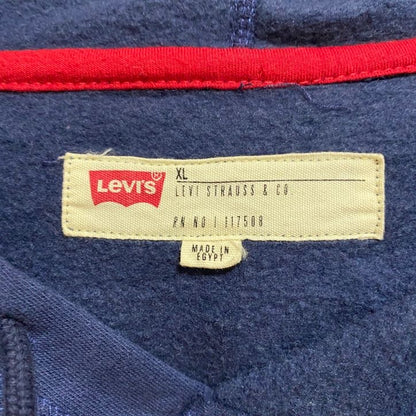 古着 used　LEVIS　リーバイス　長袖プリント切り替えパーカー　スウェットプルオーバー　ネイビー　赤　グレー　XLサイズ