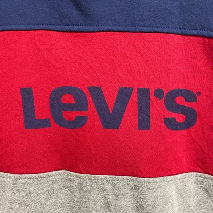 古着 used　LEVIS　リーバイス　長袖プリント切り替えパーカー　スウェットプルオーバー　ネイビー　赤　グレー　XLサイズ