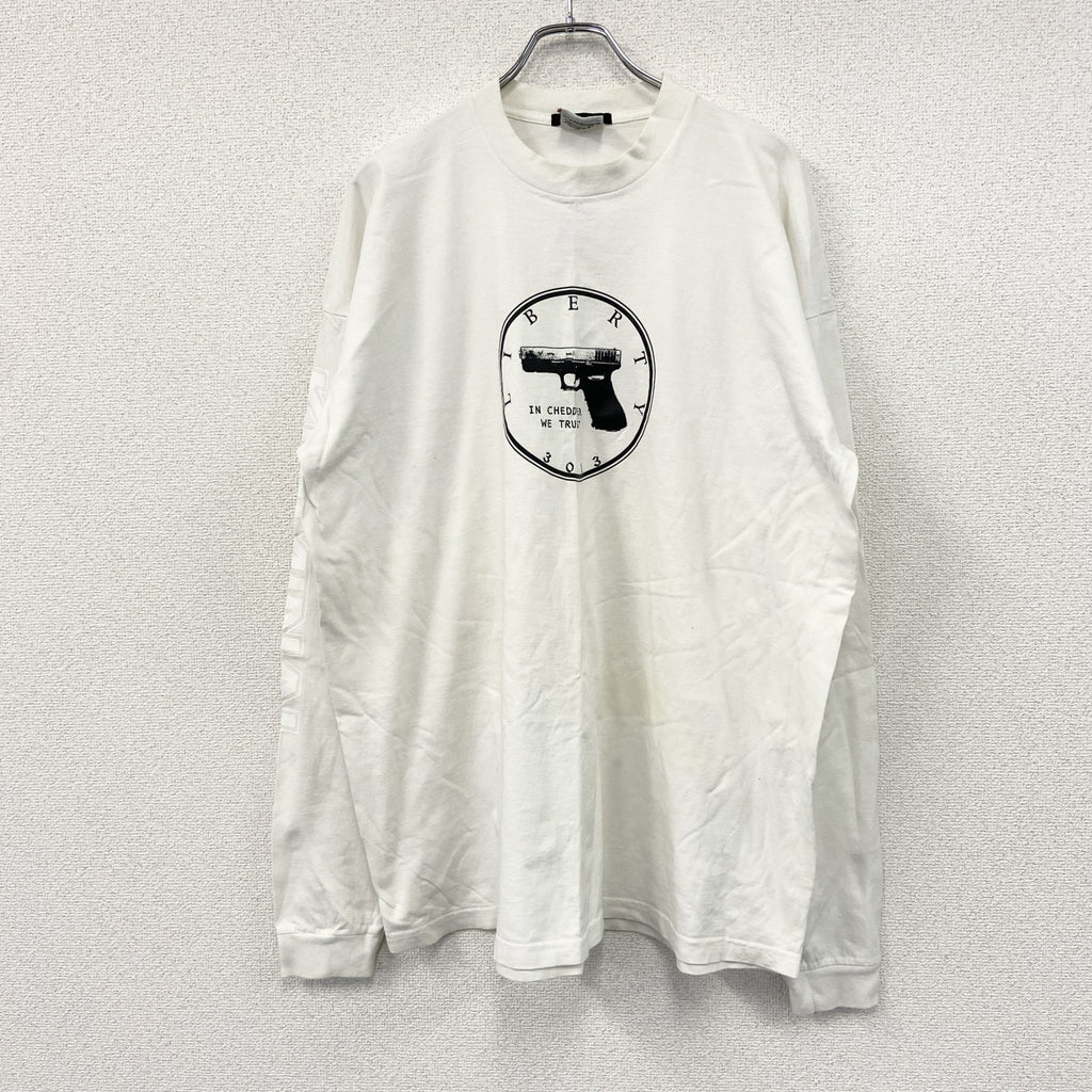90s　PRO CLUB　プロクラブ　長袖Tシャツ/ロンT　アーチプリント　クルーネック　ヴィンテージ　白　ホワイト　3XLサイズ　古着