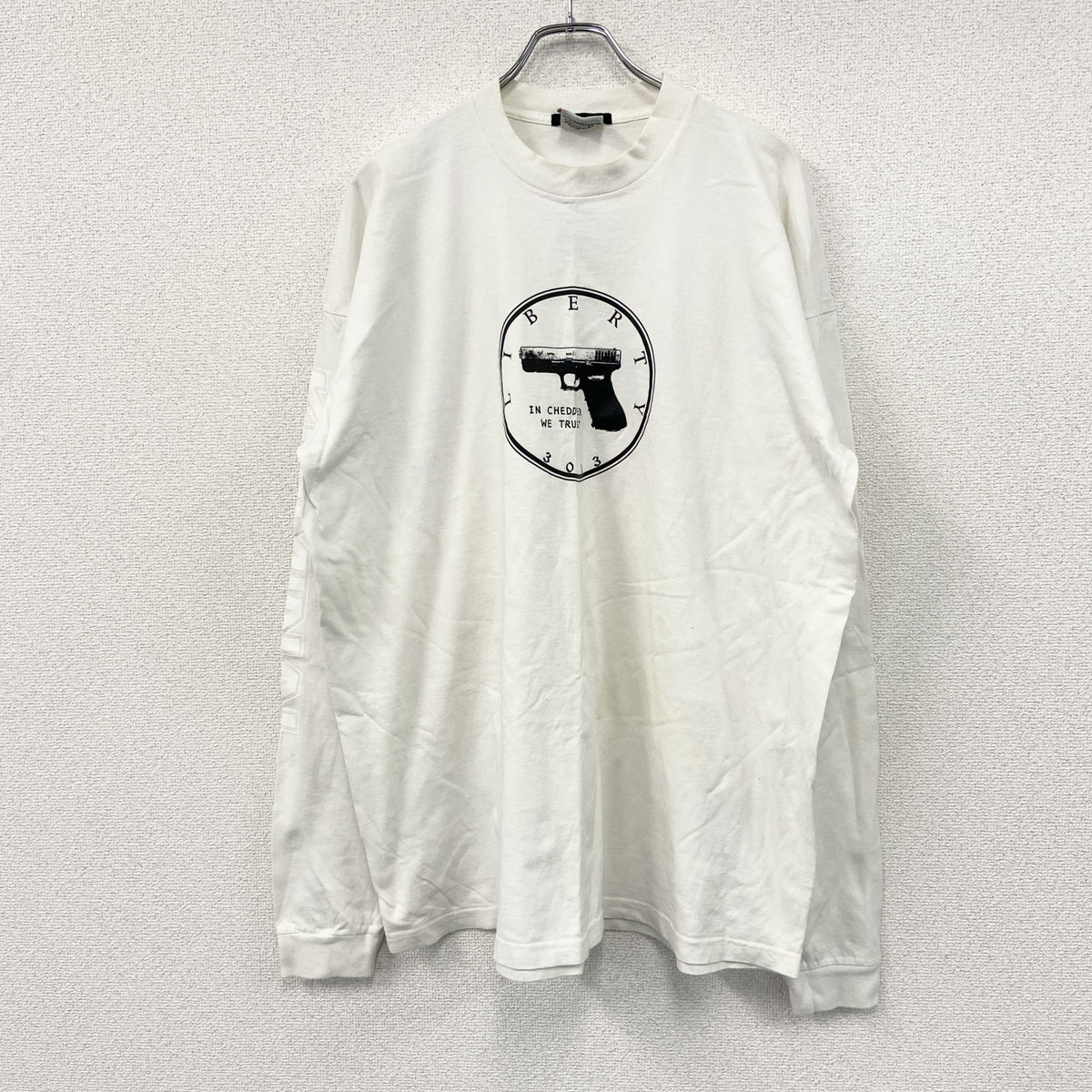 90s　PRO CLUB　プロクラブ　長袖Tシャツ/ロンT　アーチプリント　クルーネック　ヴィンテージ　白　ホワイト　3XLサイズ　古着
