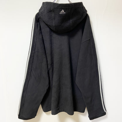 古着 used　adidas アディダス　長袖フリースパーカー　プルオーバー　ライン　ブラック　ワンポイントロゴ刺繍　XLサイズ