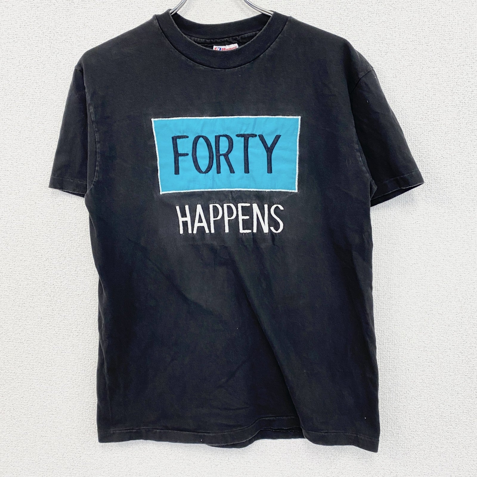 90s　Hanes　ヘインズ　半袖刺繍デザインTシャツ　ヴィンテージ　シングルステッチ　黒　ブラック　Lサイズ　古着