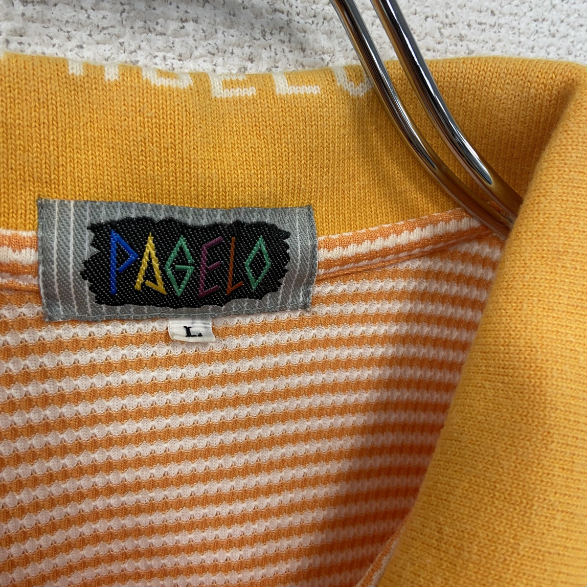 PAGELO　パジェロ　半袖アニマルポロシャツ　胸ポケット　刺繍ロゴ　ワンポイント　ボーダー柄　オレンジ　Lサイズ　古着