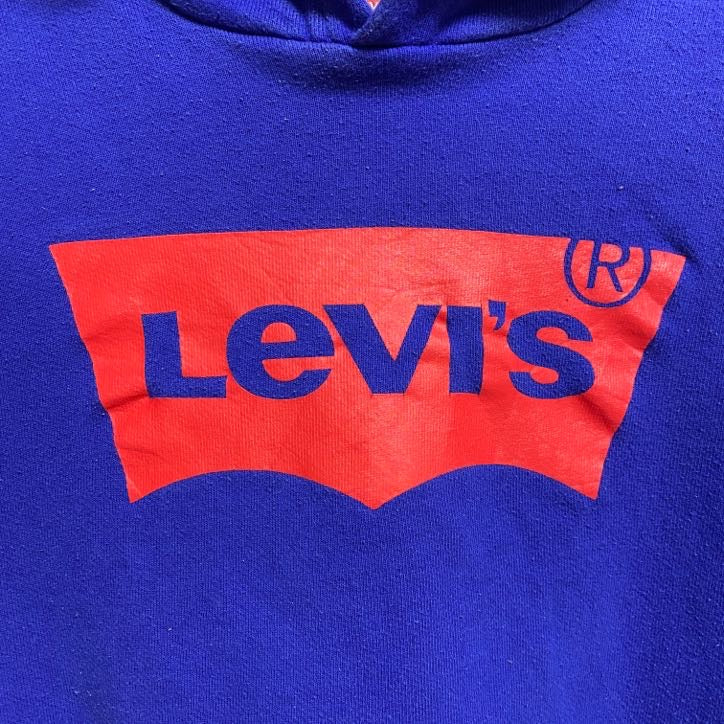 古着 used　LEVIS　リーバイス　長袖フロントプリントパーカー　スウェットプルオーバー　青　ブルー　秋冬服　Sサイズ