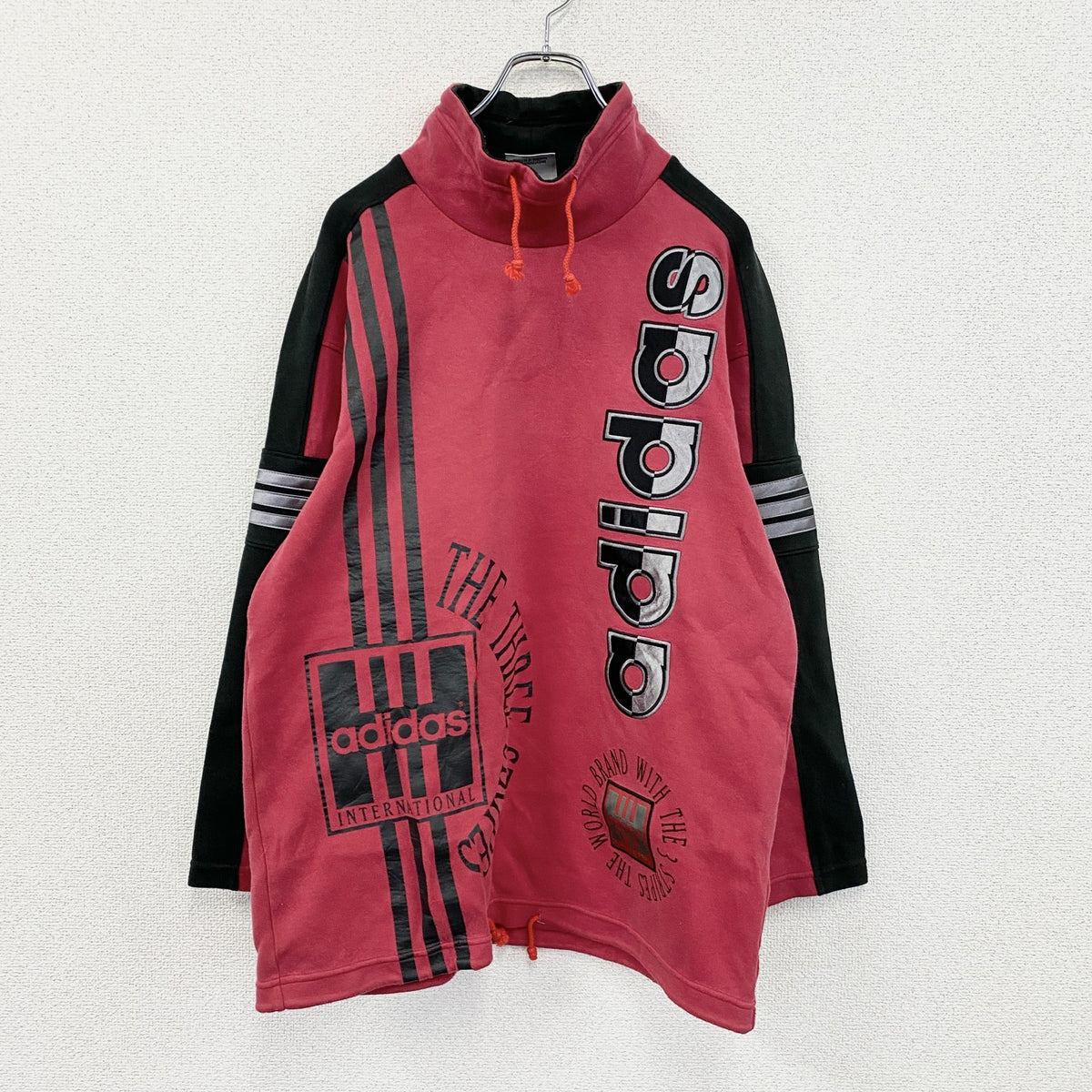 ～90s　adidas　アディダス　デサント期　ハイネックスウェット/トレーナー　デカロゴ　赤　レッド　S-Mサイズ　　ヴィンテージ　古着