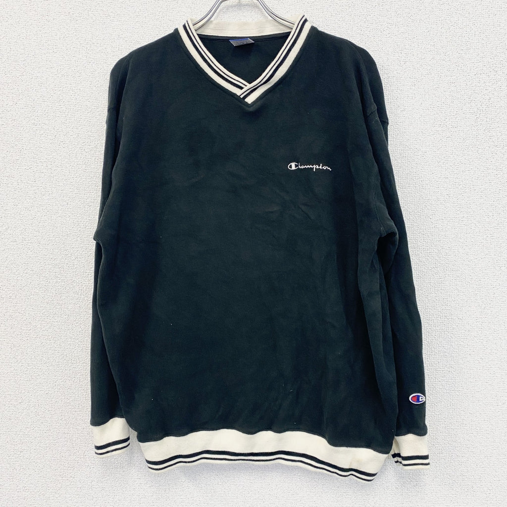 90s　Champion　チャンピオン　コットンニットセーター　ヴィンテージ　ロゴ刺繍　黒　ブラック　XLサイズ　古着