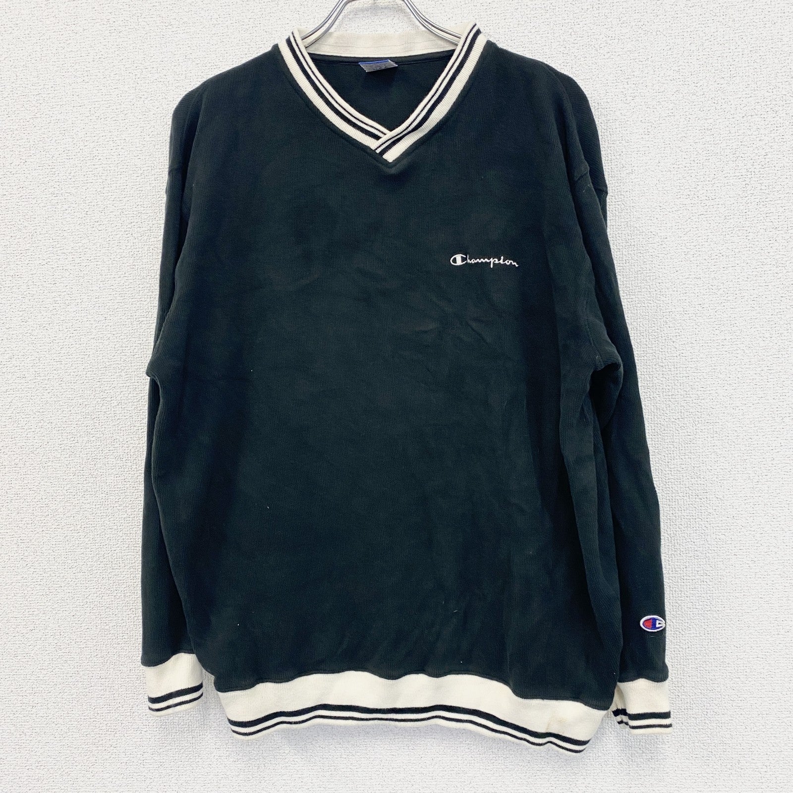 90s　Champion　チャンピオン　コットンニットセーター　ヴィンテージ　ロゴ刺繍　黒　ブラック　XLサイズ　古着