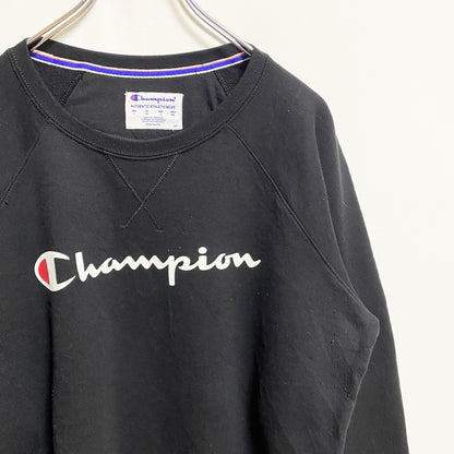 古着 used Champion チャンピオン　長袖ロゴプリントスウェット　トレーナー　レトロデザイン　ブラック　Lサイズ