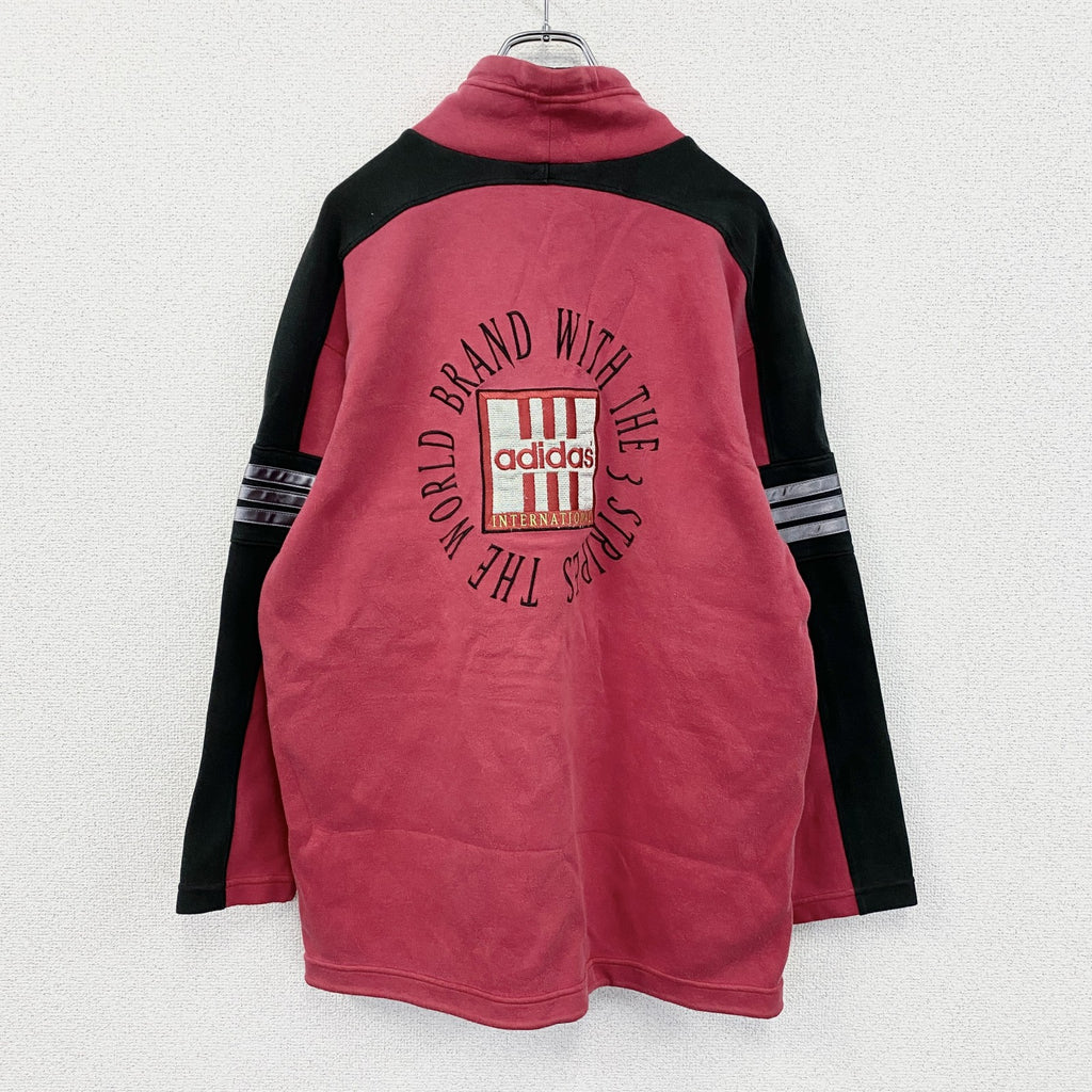 ～90s　adidas　アディダス　デサント期　ハイネックスウェット/トレーナー　デカロゴ　赤　レッド　S-Mサイズ　　ヴィンテージ　古着