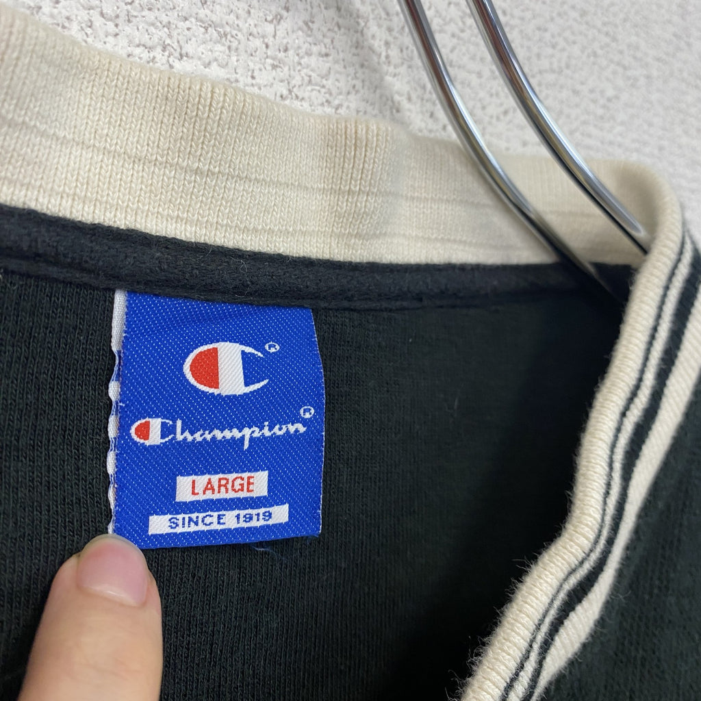 90s　Champion　チャンピオン　コットンニットセーター　ヴィンテージ　ロゴ刺繍　黒　ブラック　XLサイズ　古着