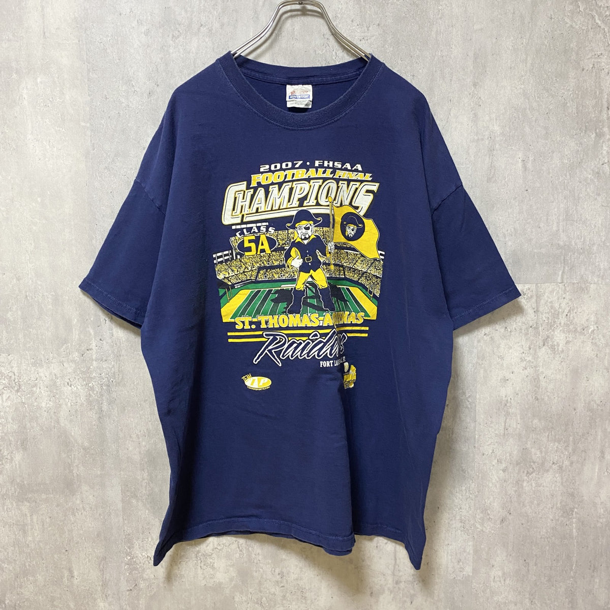 FHSAA　ST.THOMAS AQUINAS　カレッジフットボール　半袖プリントTシャツ　ネイビー　紺　2XL　古着