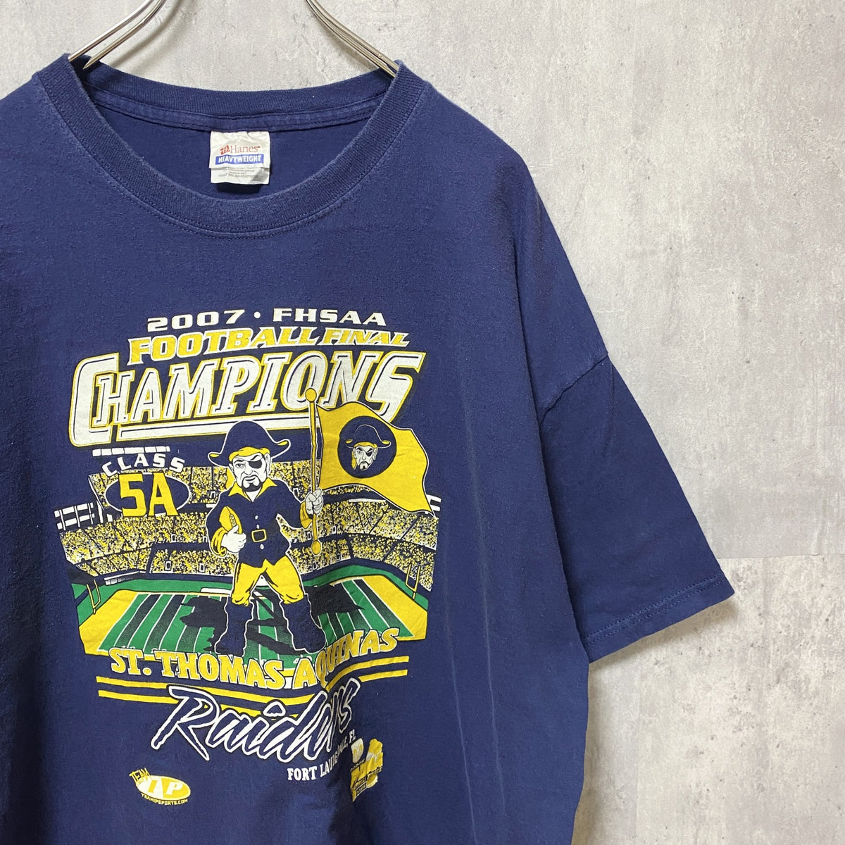 FHSAA　ST.THOMAS AQUINAS　カレッジフットボール　半袖プリントTシャツ　ネイビー　紺　2XL　古着