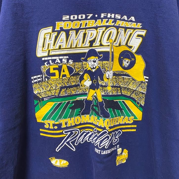 FHSAA　ST.THOMAS AQUINAS　カレッジフットボール　半袖プリントTシャツ　ネイビー　紺　2XL　古着
