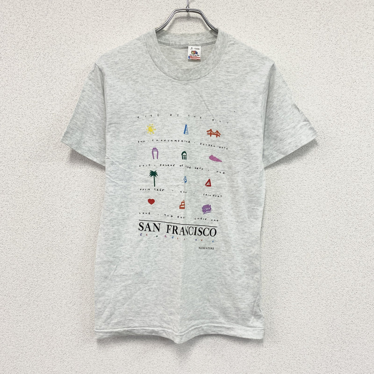 90s　FRUIT OF THE LOOM　フルーツオブザルーム　半袖プリントTシャツ　シングルステッチ　グレー　Sサイズ カットソー メンズ コットン 古着