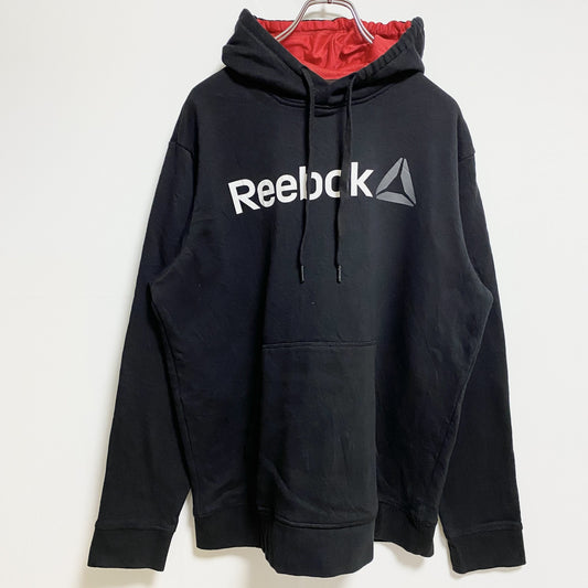 古着 used　Reebok　リーボック　長袖ロゴプリントパーカー　スウェットプルオーバー　黒　ブラック　秋冬服　Lサイズ