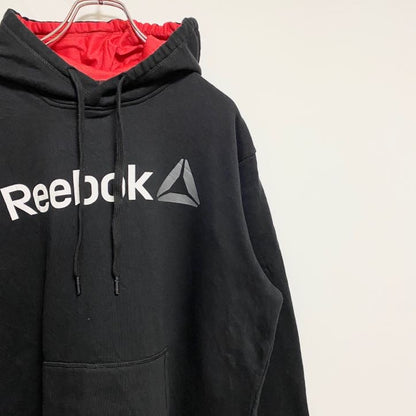 古着 used　Reebok　リーボック　長袖ロゴプリントパーカー　スウェットプルオーバー　黒　ブラック　秋冬服　Lサイズ