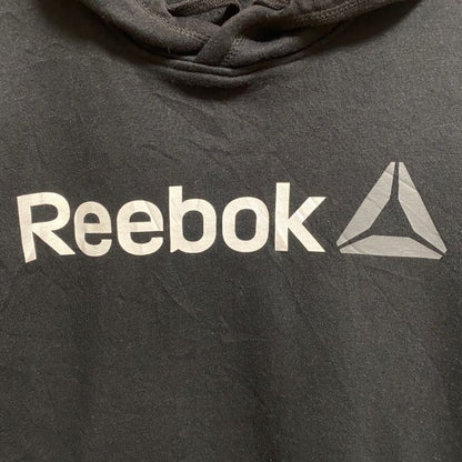 古着 used　Reebok　リーボック　長袖ロゴプリントパーカー　スウェットプルオーバー　黒　ブラック　秋冬服　Lサイズ