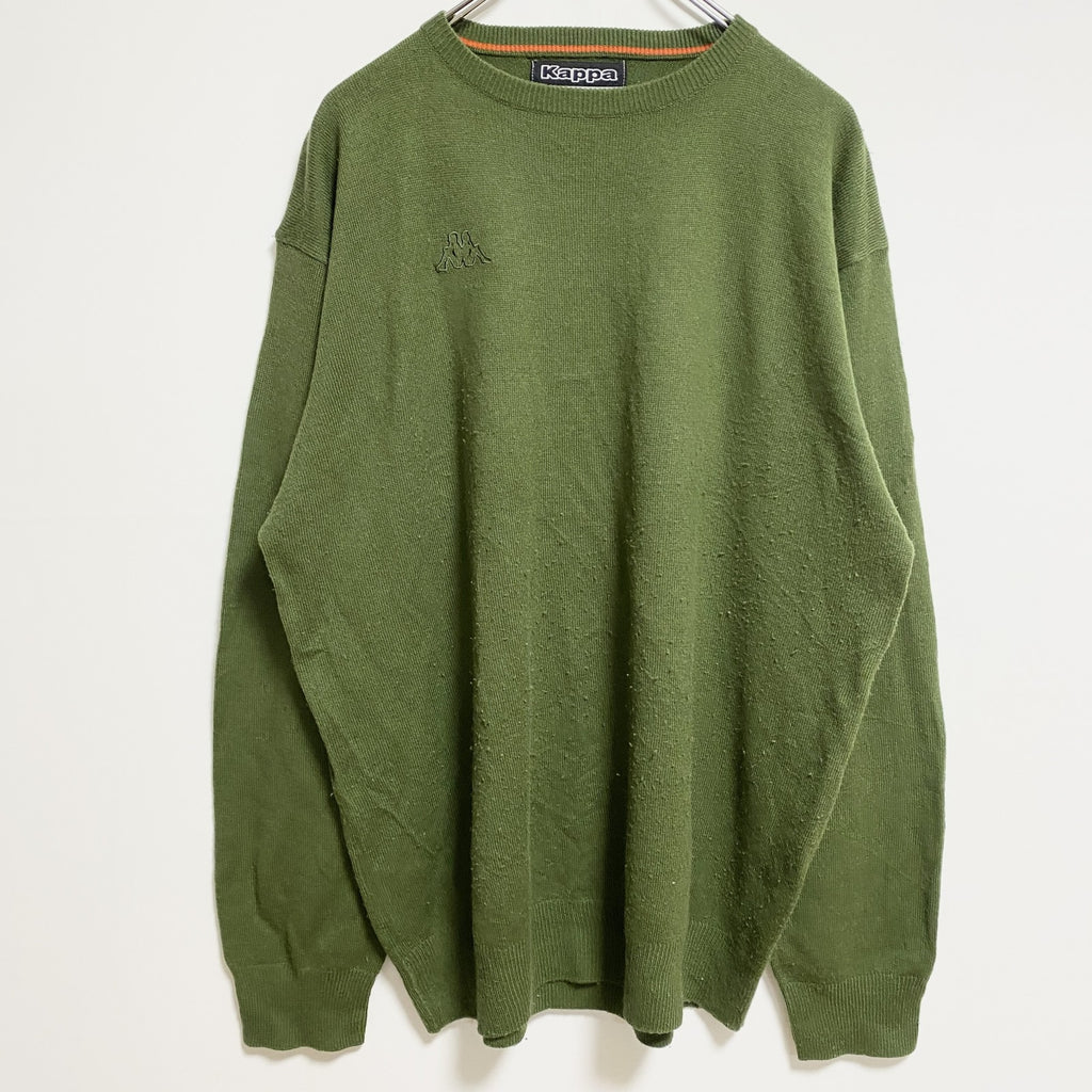 KAPPA　カッパ　ニットセーター　ワンポイント　刺繍ロゴ　ビッグシルエット　スポーツミックス　緑　グリーン　2XLサイズ　古着