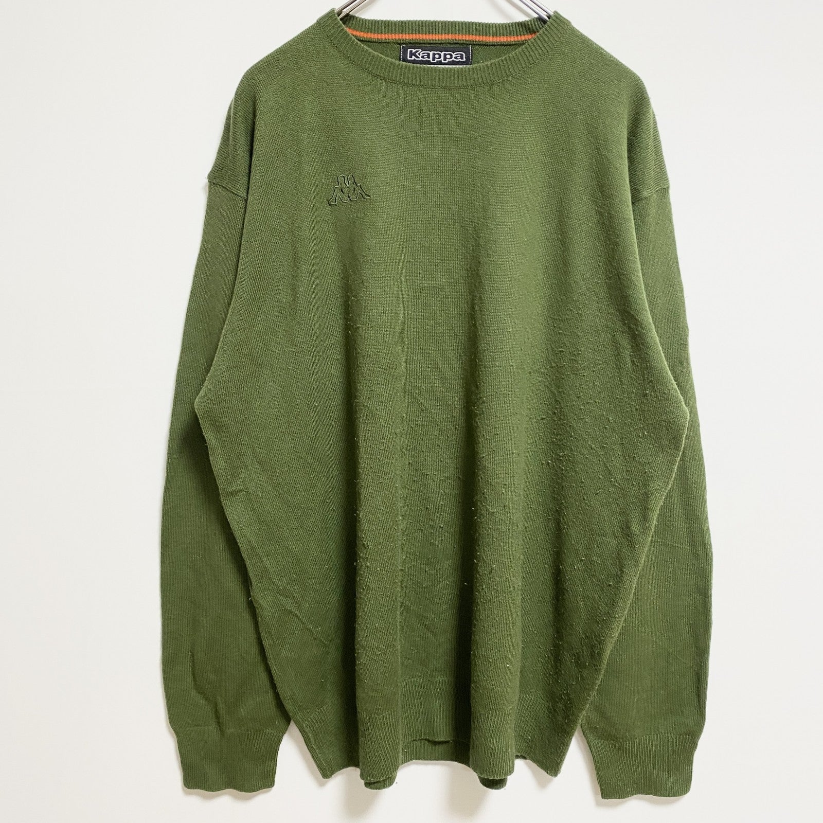 KAPPA　カッパ　ニットセーター　ワンポイント　刺繍ロゴ　ビッグシルエット　スポーツミックス　緑　グリーン　2XLサイズ　古着