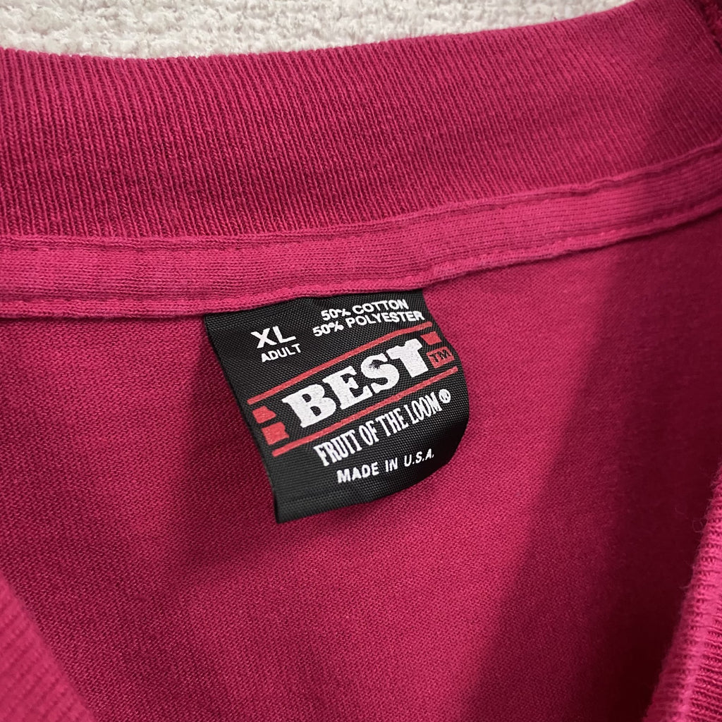 FRUIT OF THE LOOM　半袖プリントTシャツ　カシスレッド　XLサイズ カットソー メンズ コットン 古着