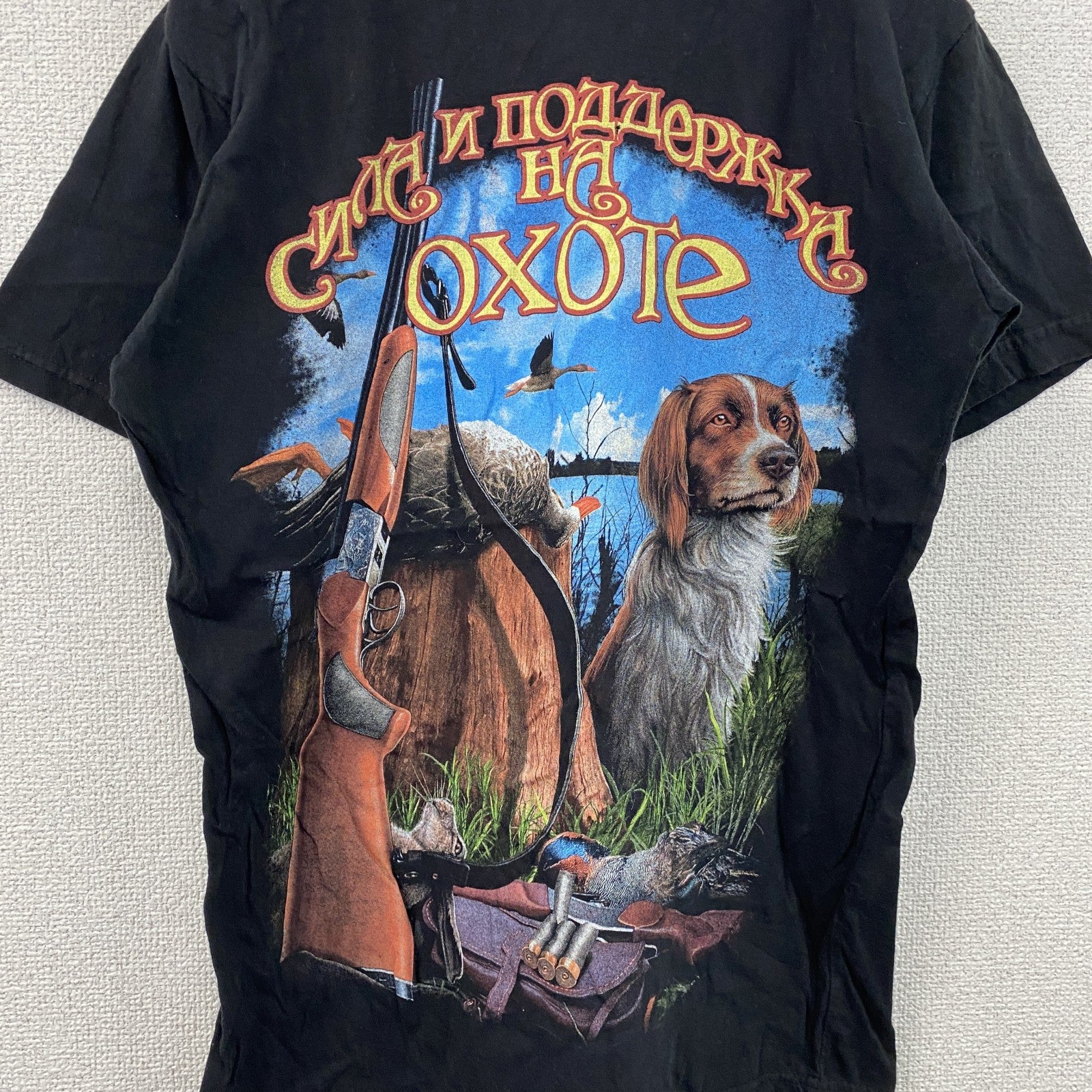 BANZAY　半袖プリントアニマルTシャツ　アーチプリント　3連プリント　犬　黒　ブラック　48サイズ　古着